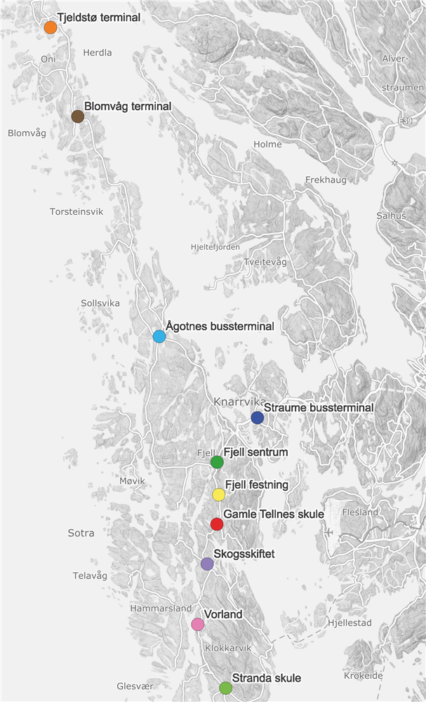 Oversikt over innfartsparkeringar i Øygarden - Klikk for stort bilete